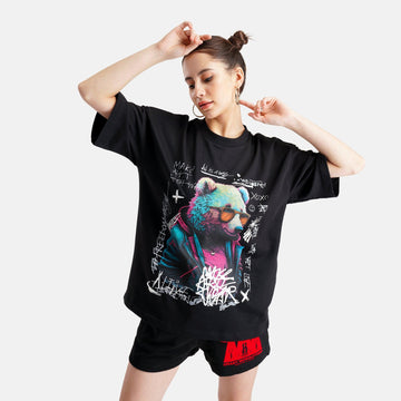 Psy Bear Oversized Terry T-Shirt in Black - Womens - Crazy Mosquitoes